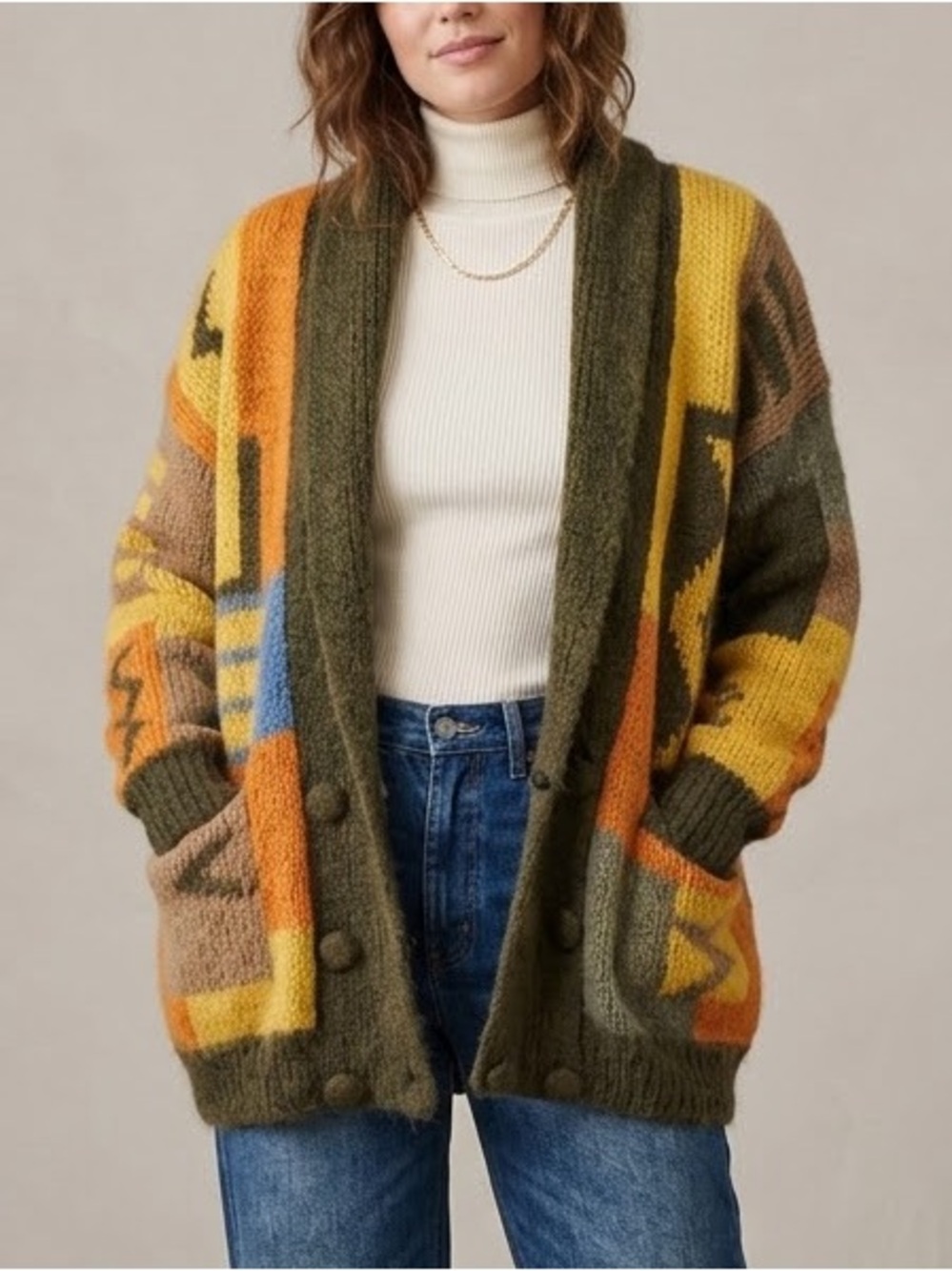 90s VTG Rosanna Mohair Cardigan Sweater M HandKnit Grandmacore Grandpa Geometric